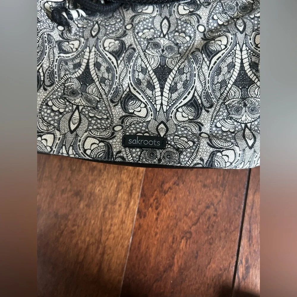 Sakroots Black and White Owl Print Boho Bohemian Whimsical Drawstring Backpack